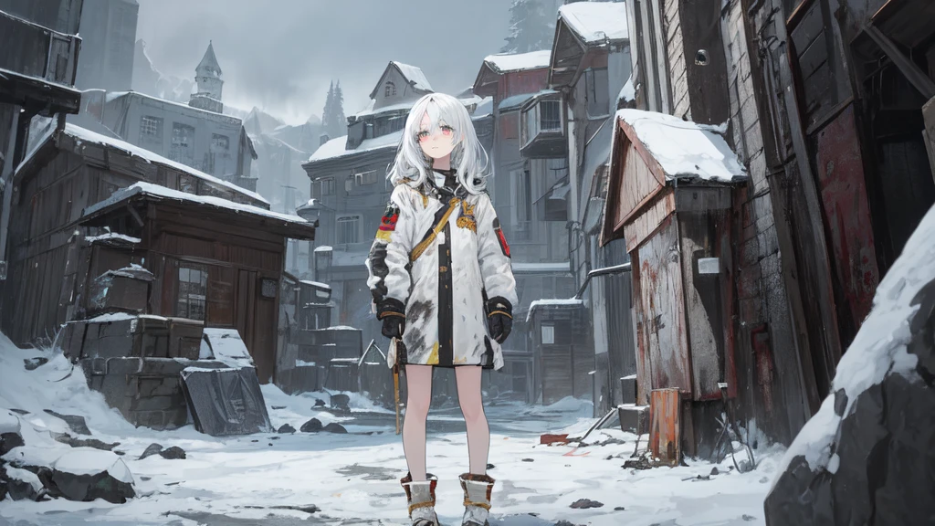 masterpiece:1.2), best quality ,pixiv, anime girl ,long straight white hair , black eyes ,Wearing off-white camouflage uniform ,ten years old,military fortress,(Eyes looking into the distance:1.3),(look away:1.5),snowy weather,dirty face,Girl standing on gray concrete floor,blood on forehead,dirty face,Backlight,Bare rocky peaks ,,The expression is sad