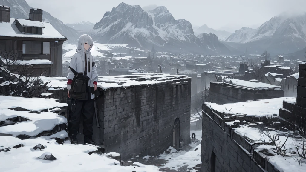 masterpiece:1.2), best quality ,pixiv, anime girl ,long straight white hair , black eyes ,Wearing off-white camouflage uniform ,ten years old,military fortress,(Eyes looking into the distance:1.3),(look away:1.5),snowy weather,dirty face,Girl standing on gray concrete floor,blood on forehead,dirty face,Backlight,Bare rocky peaks ,,The expression is sad