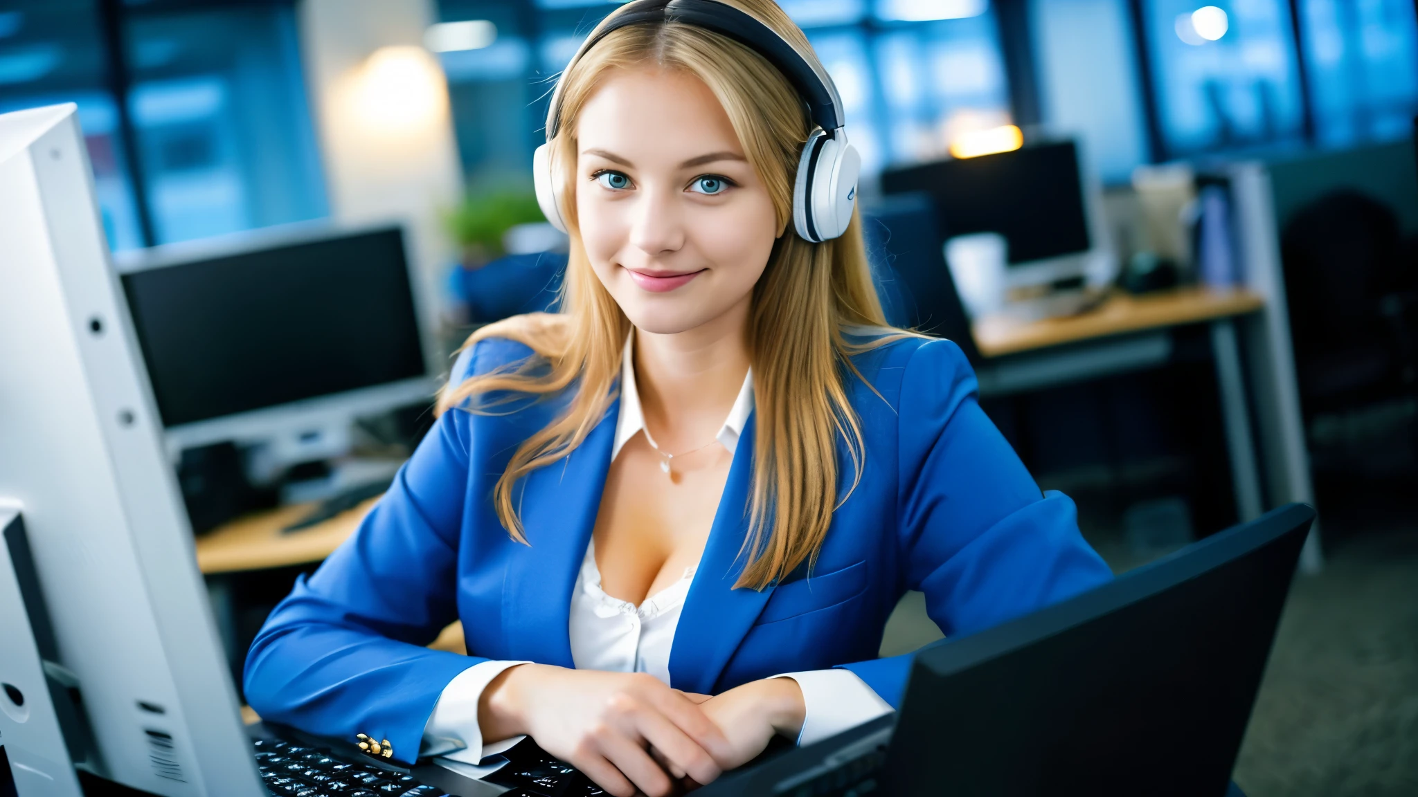 Beautiful blonde with large breasts in a blue suit (Working on a computer in the office late at night),Wearing headphones,Very detailed, 21 years old, Innocent face, Naturally Wavy Hair, blue eyes, High resolution, masterpiece, Highest quality, Intricate details, Very detailed, Clear focus, Delicate skin, practical skin texture, texture, Delicate eyes, Professional, 4K, Cute Smile, Shot with Canon, 85mm, Shallow and deep,  Kodak Vision Color, Exactly, Very detailed, photograph_\(Extremist\), photographpractical, practical, Post-processing, Maximum details, Roughness, Real Life, Extremist practical, Photorealism, photographgraphy, 8K Ultra HD, photographgraphy