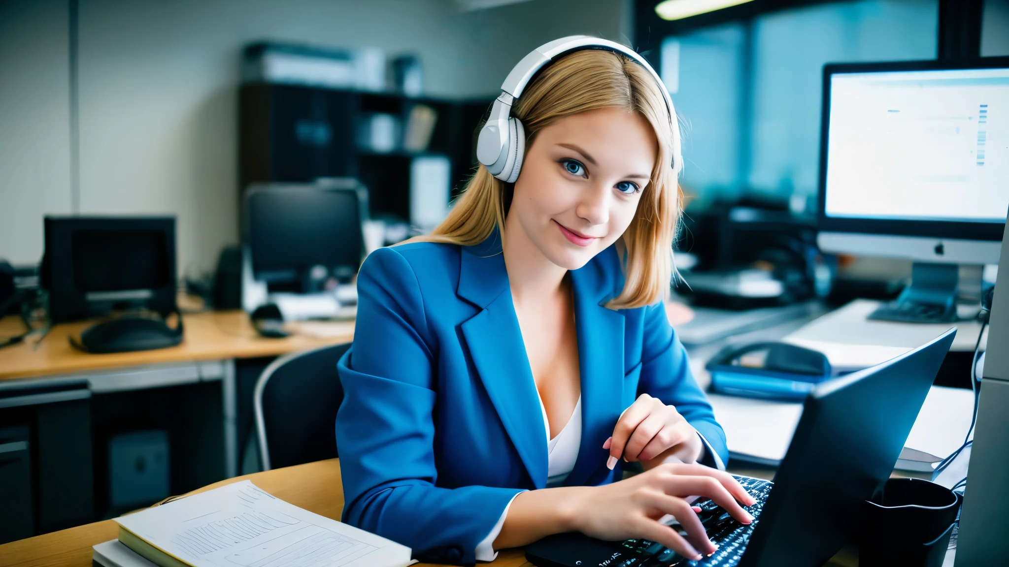 Beautiful blonde with large breasts in a blue suit (Working on a computer in the office late at night),Wearing headphones,Very detailed, 21 years old, Innocent face, Naturally Wavy Hair, blue eyes, High resolution, masterpiece, Highest quality, Intricate details, Very detailed, Clear focus, Delicate skin, practical skin texture, texture, Delicate eyes, Professional, 4K, Cute Smile, Shot with Canon, 85mm, Shallow and deep,  Kodak Vision Color, Exactly, Very detailed, photograph_\(Extremist\), photographpractical, practical, Post-processing, Maximum details, Roughness, Real Life, Extremist practical, Photorealism, photographgraphy, 8K Ultra HD, photographgraphy