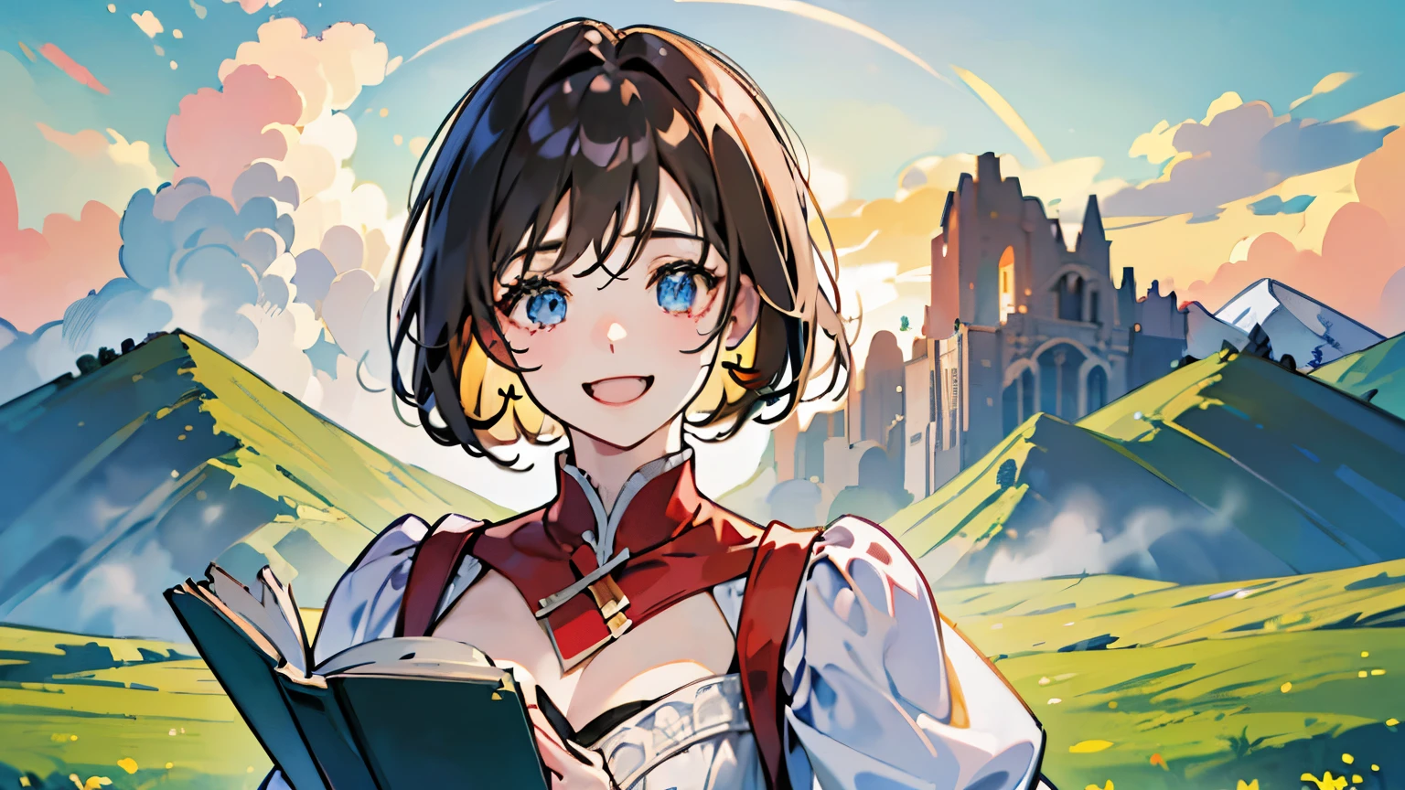 (In 8K、Highest quality、masterpiece:1.2)、One woman、(A cheerful smile:1.1)、Beautiful Eyes、valley、Upper body、short hair、Like a boy、huge 、red view、Reading a book