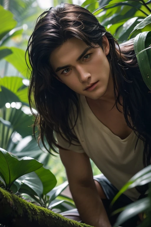 full body photorealistic shots medium of young Cody Christian as long haired Tarzan in the jungle in a high budget film, natural light photo, Canon 85L f2. 8, ISO320, 5000K colour balance, Miki Asai Macro photography, close-up, hyper detailed, trending on artstation, sharp focus, studio photo, intricate details, highly detailed, by greg rutkowski,