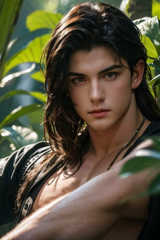 full body photorealistic shots medium of young Cody Christian as long haired Tarzan in the jungle in a high budget film, natural light photo, Canon 85L f2. 8, ISO320, 5000K colour balance, Miki Asai Macro photography, close-up, hyper detailed, trending on artstation, sharp focus, studio photo, intricate details, highly detailed, by greg rutkowski,