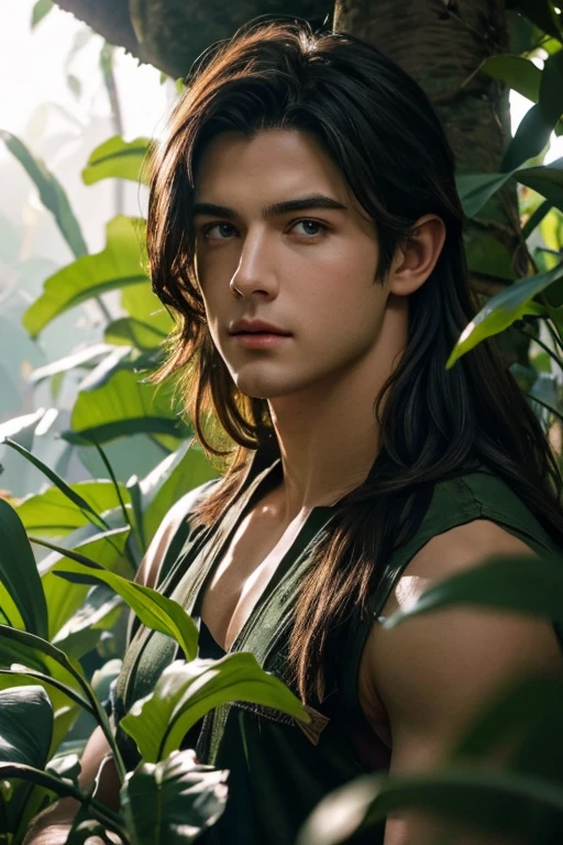 full body photorealistic shots medium of young Cody Christian as long haired Tarzan in the jungle in a high budget film, natural light photo, Canon 85L f2. 8, ISO320, 5000K colour balance, Miki Asai Macro photography, close-up, hyper detailed, trending on artstation, sharp focus, studio photo, intricate details, highly detailed, by greg rutkowski,