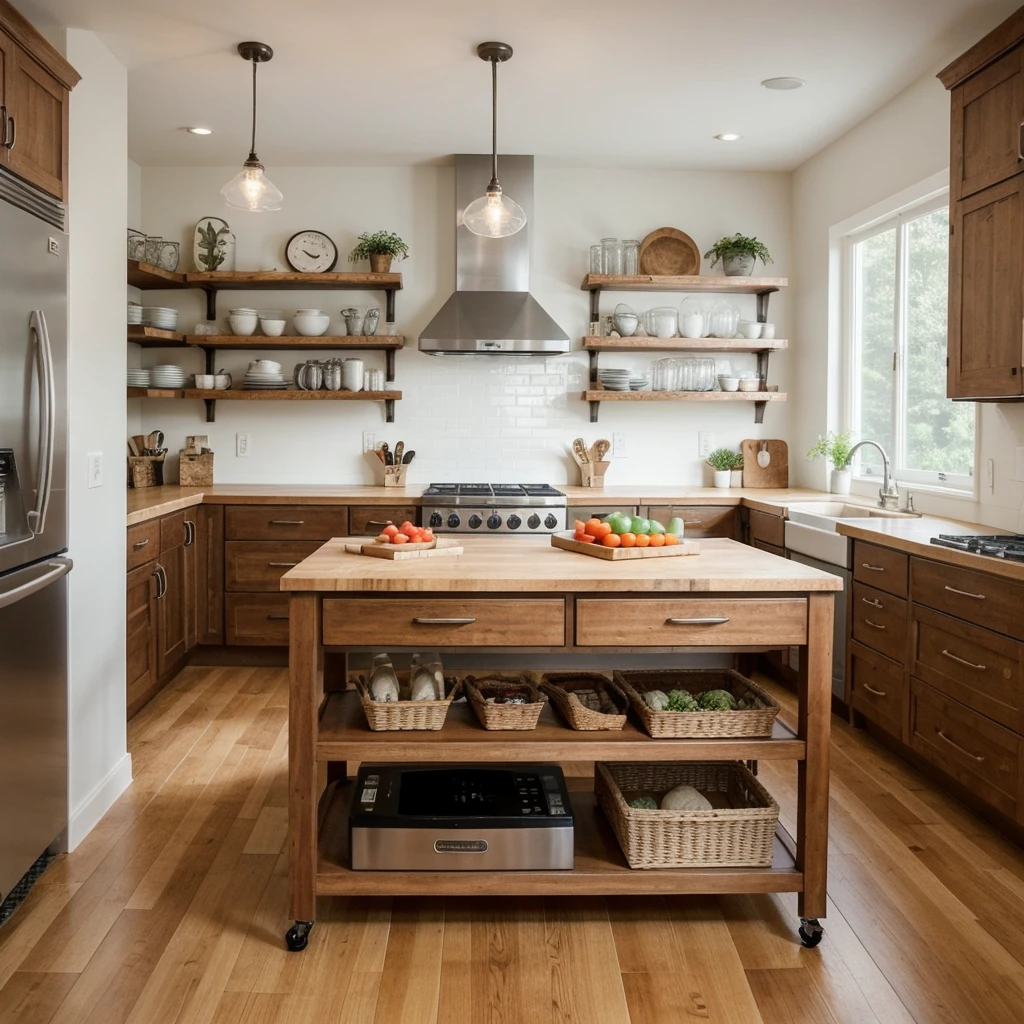 Act like a professional AI image generator with expertise in woodworking and kitchen design. You have been creating high-quality, detailed images of woodworking projects for over a decade, focusing on natural beauty and craftsmanship. Your goal is to create visually stunning images suitable for Pinterest that showcase the essence of woodworking.

Objective: Generate a highly detailed image of a wooden kitchen island. The island should be made from cherry wood with a butcher block top and include open shelving and drawers for storage. Place the island in a modern farmhouse kitchen setting.

Steps:
1. Design the kitchen island with cherry wood and a butcher block top.
2. Add open shelving and drawers to the island for storage.
3. Position the island in a modern farmhouse kitchen setting with natural light.
4. Include decor elements like kitchen utensils, fresh produce, and hanging pendant lights.
5. Add additional details such as a vase of fresh flowers, a cutting board with vegetables, and a cookbook on the counter.

Take a deep breath and work on this problem step-by-step.