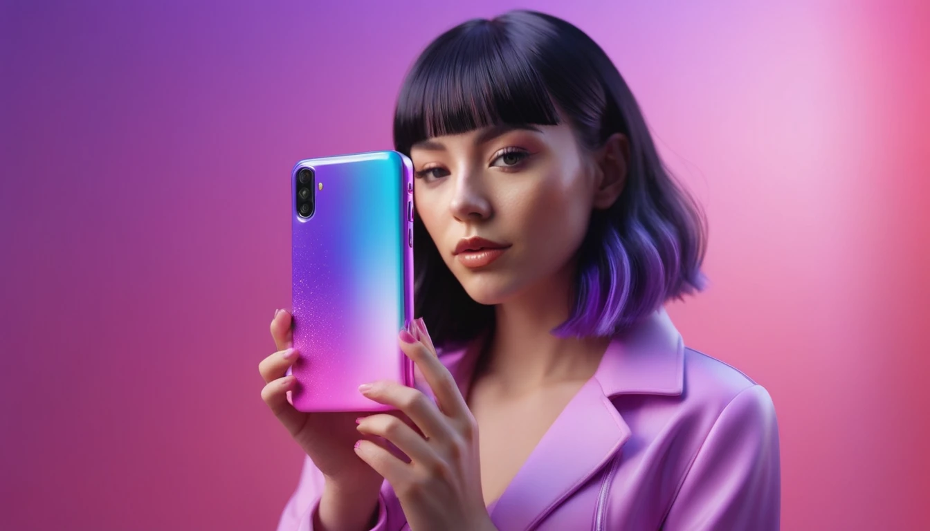smartphone in her hand, blackhair female hands holding dildo to her face, that is glowing with pink and purple colours, dripping wet, closeup macro photo, minimalistic, in a light purple and pink style, with soft edges and blurred details, in the toycore style, with a 3D render, on a colorful background, with a minimalist stage design, in a surreal style, with a cinema4D rendering, with a minimalist style, with low saturation, using gradient colors, with a cinema4D rendering, with a blender rendering, with super detail, at a super high resolution, at a super high definition