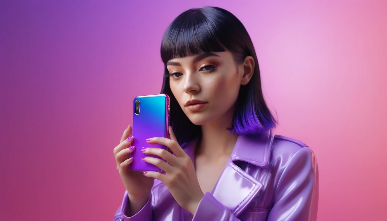 smartphone in her hand, blackhair female hands holding dildo to her face, that is glowing with pink and purple colours, dripping wet, closeup macro photo, minimalistic, in a light purple and pink style, with soft edges and blurred details, in the toycore style, with a 3D render, on a colorful background, with a minimalist stage design, in a surreal style, with a cinema4D rendering, with a minimalist style, with low saturation, using gradient colors, with a cinema4D rendering, with a blender rendering, with super detail, at a super high resolution, at a super high definition