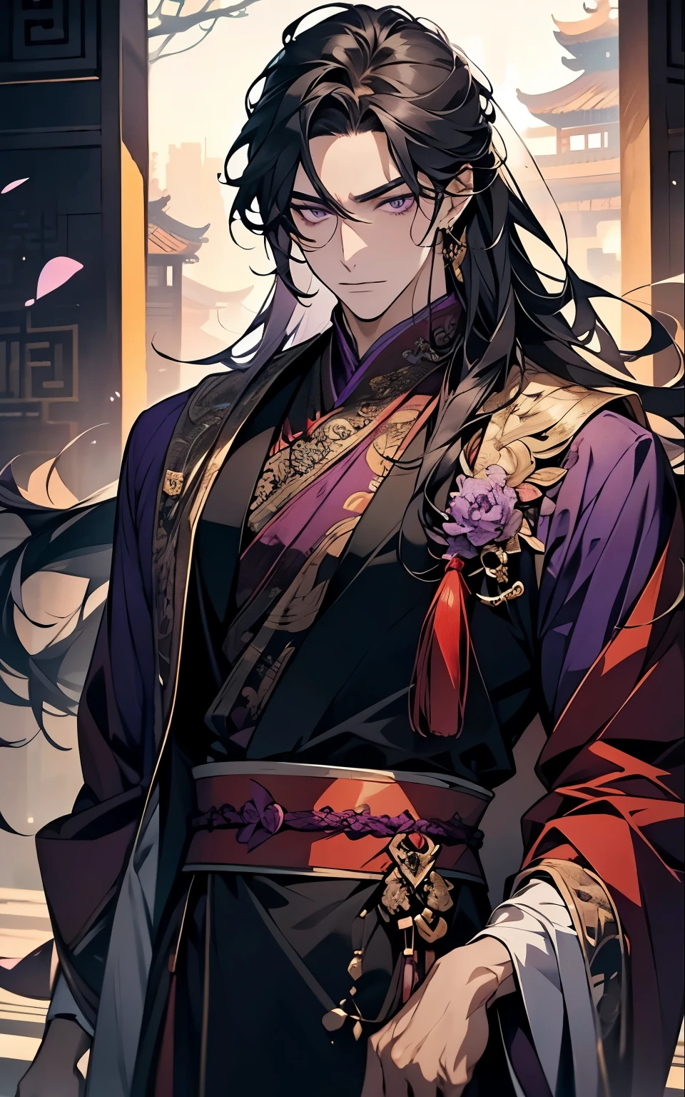1 middle-aged man, (45 years old), long black hair, violet eyes, chinese clothes, (!PURPLE! clothes), available at purple chinese room, portrait