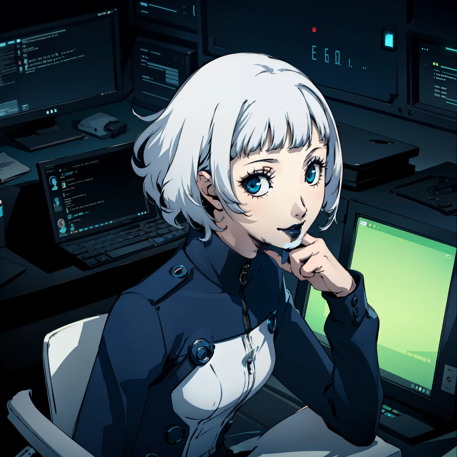 masterpiece, ((best quality)),((1 girl)), blue eyes, black lipstick, white hair, female , tomboy, deep blue suit, white hair, white hair,smiling,hacker,in the,dark room,sitting,looking monitor,cute
