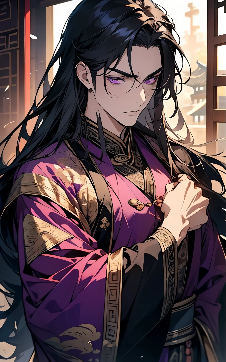 1 middle-aged man, (45 years old), long black hair, violet eyes, chinese clothes, (!PURPLE! clothes), available at purple chinese room, portrait