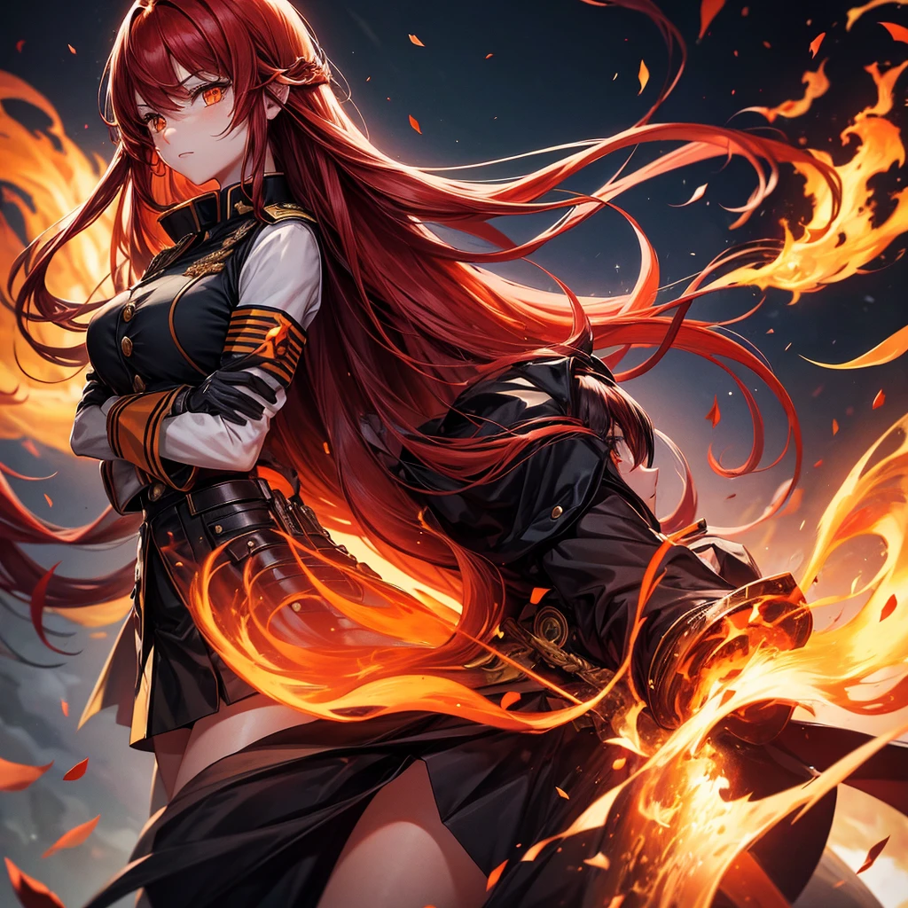 Beautiful woman, 1girl, long hair, red hair, orange eyes, military uniform, black uniform, black skirt, black gloves, crossed arms, fire background