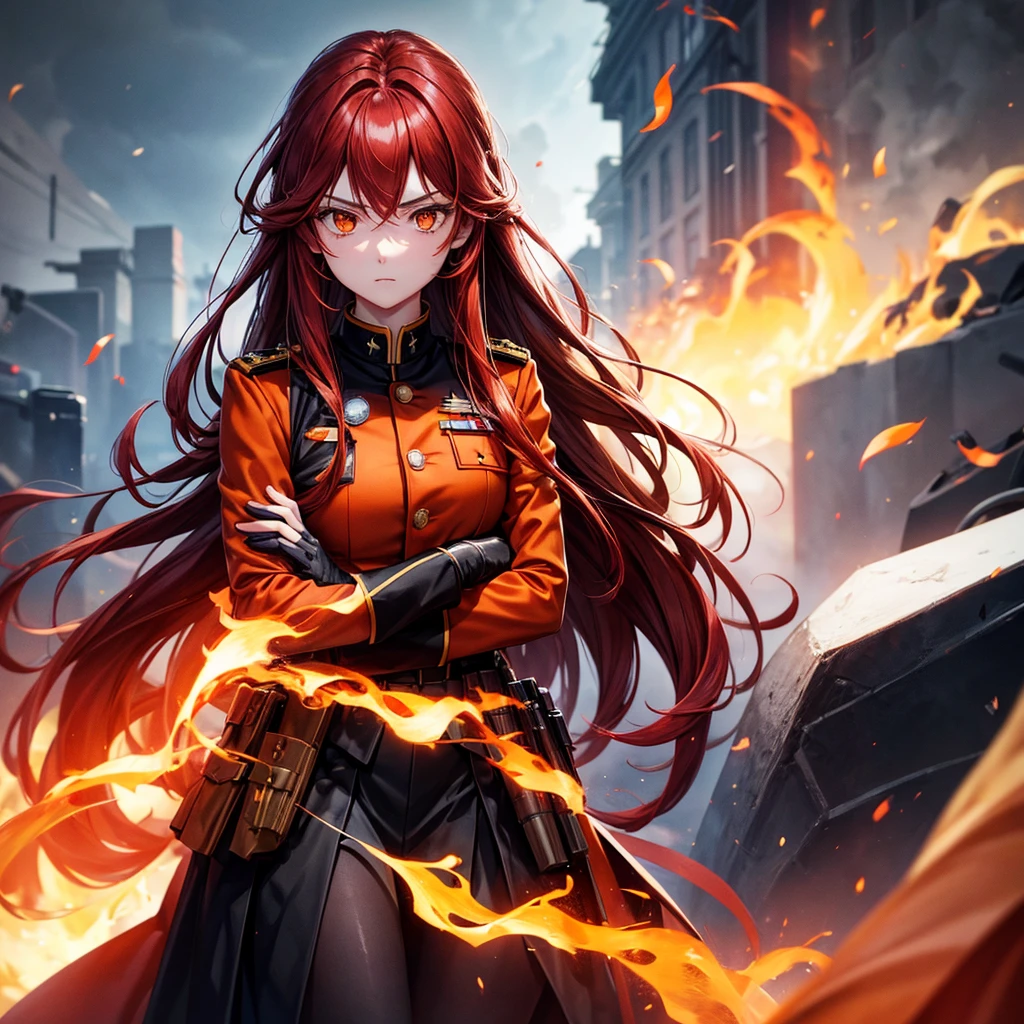 Beautiful woman, 1girl, long hair, red hair, orange eyes, military uniform, black uniform, black skirt, black gloves, crossed arms, fire background