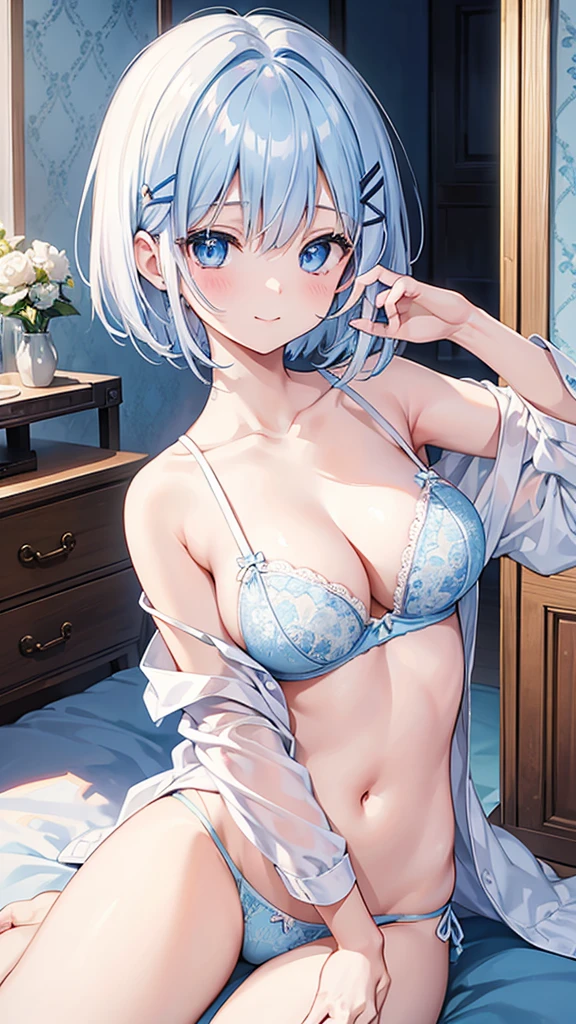 beautiful, masterpiece, Highest quality, anime, One girl, C Cup,Portrait Shot, View your viewers, Covered、Short Hair、nearby、Blue Eyes、art、、White hair,Blue streaked hair、wallpaper、hairpin、Cute smile、Thighs、Cute、bra、Panties、はちみつ