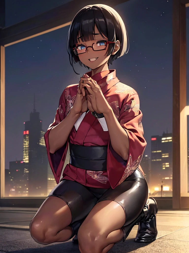 (flat chest:), (masterpiece:1.2), highest quality, High resolution, unity 8k wallpaper, (fine and beautiful eyes:1.6), highly detailed face, perfect lighting, Detailed CG, (perfect hands, perfect anatomy), (1 boy solo:1.4), 20 years old, black hair, extremely beautiful detailfeminine face and eyes, (evil smile:1.4), detailed eyes, best quality,( dark skin:1.8), (turtleneck shirt under yukata:1.2), (bike shorts:1.2), extremely detailed, very precise detailed, (glasses:1.3), blunt bangs, open mouth, (very short pixie cut:1.2), boots,fingerless gloves, smile, half closed eyes, ,(on kawara roof),night sky, ,long sidelocks,(long red Scarf),(yukata),(squatting), ears,(acrobat pose:1.3),(squat:1.3),leaning forward,(one knee dwon:1.5),(Put one foot in front:1.3),(stylish pose:1.4),(Raise only index finger:1.1),(Joining hands in prayer:1.8)