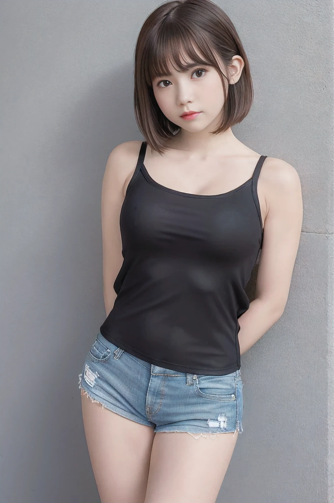 Picture taken from the front, with the left and right sides equally spaced, equally spaced left and right, stand upright, cowboy shot, (arms behind back:1.5), One girl, very short hair, (camisole, shorts)
