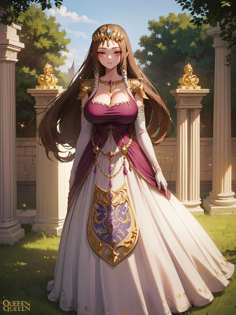 Anime art style,masterpiece,(Dark brown hair), (Very detailed),(Very delicate and beautiful),(alone),((ass pov)),(Detailed face and eyes),Beautiful eyes like jewels,(A truly gorgeous jeweled ruffled rococo ball gown dress),(((Mature Woman,Queen))),((1 Queen in a beautiful embroidery and jeweled absolutely gorgeous rococo ballgown dress with voluminous full length hoop skirt)),((crinoline)),Absolutely gorgeous highly detailed rococo ball gown dress with ruffled voluminous full length hoop skirt,(((Long Straight Hair))),(Huge boobs),Cleavage,(Fantasy Castle,Outdoor,Outside the castle),length_gloves,Very gorgeous hair accessory,Sparkling、A gorgeous jewel-studded tiara,((Gorgeous Glitter Jewelry)),Full body portrait