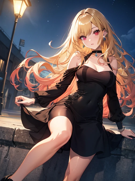 Evening Dress, Night view, Beauty, Beautiful eyes, full body, (masterpiece), highest quality, Kitagawa Marine, 1girl, blonde hair, long hair, multicolored hair, red eyes, jewelry, earrings, piercing, black choker, uhd, retina, masterpiece, ccurate, anatomically correct, textured skin, super detail, high details, high quality, best quality, highres, 4K