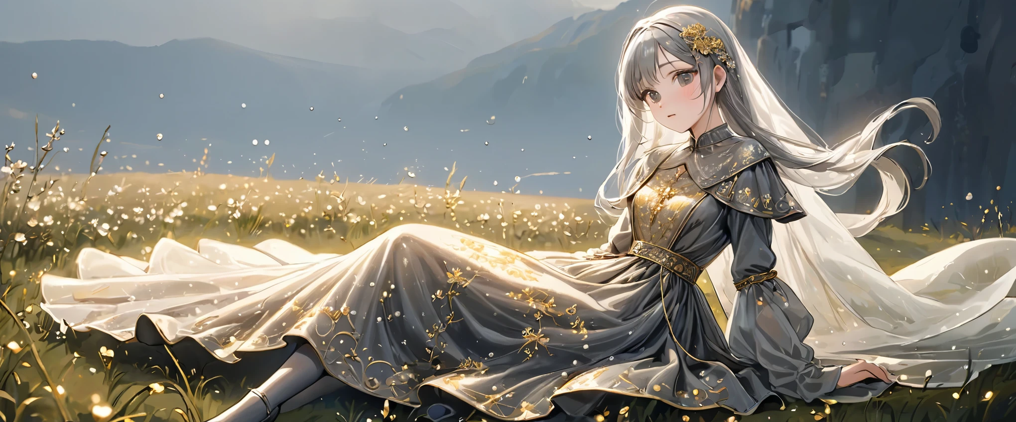 girl, Gold and silver embroidery, Medieval long dress in platinum and pearls（With panniers）, Translucent fabric, Pull up the dress by hand, Strong winds, Translucent slip, Grey translucent tights, Peeking from below, Highest quality, Disorder of clothing, sit