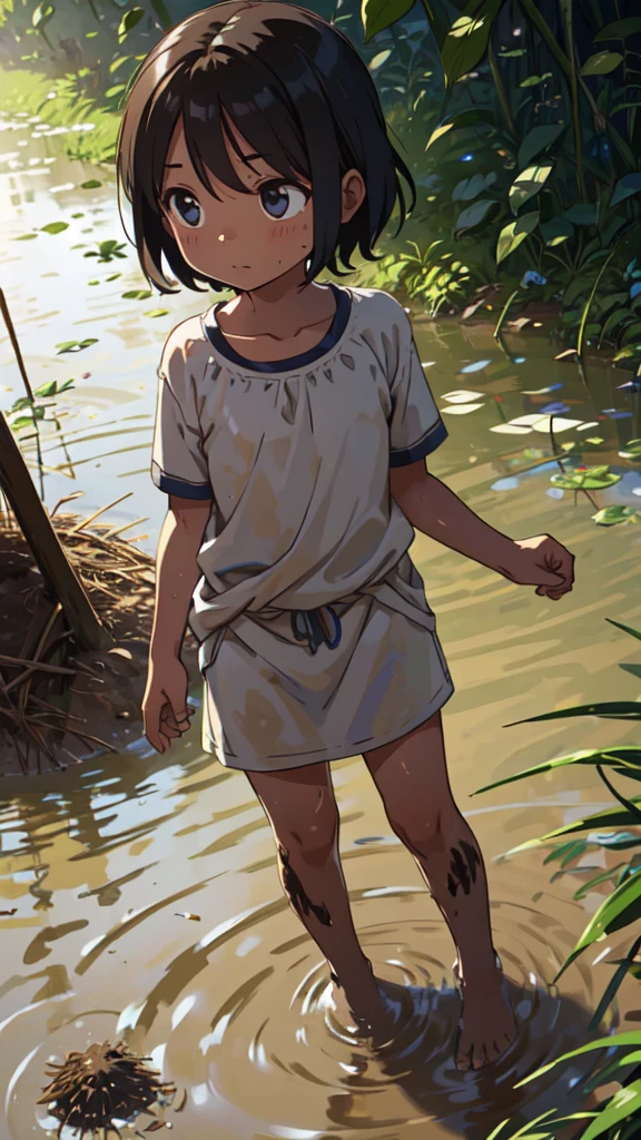 Children covered in mud after planting rice, hot summer, fun, mysterious
