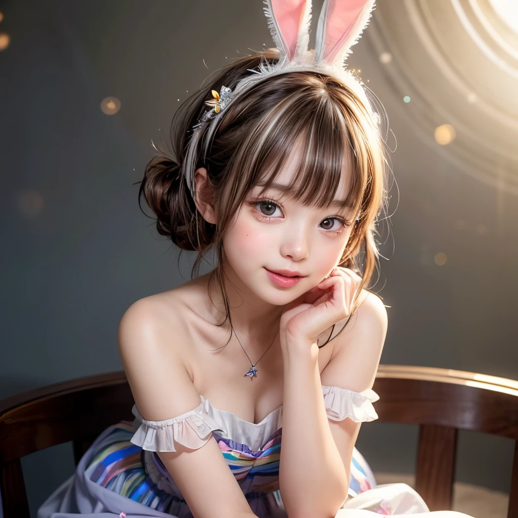 NSFW, 8k, High-level, absurd, masterpiece, best quality, primitive, very detailed CG, very detailed wallpaper, perfect lighting, Extremely detailed (((The personifying " イースターエッグ " as a Little Girl))), MysticSight, Tyndall effect, Tyndall scattering, Studio gray background with (many Dazzling RainbowColor particles BokeH:1.28), (RoundlyButts, ThighGap), (Exposed:0.4), (Assfocus with looking ahead), BREAK (NOGIZAKA face variations) Extremely Detailed very KAWAII face variations, perfect anatomy, Childish, captivating gaze, elaborate detailed Eyes with (sparkling highlights:1.28), long eyelashes、Glossy RED Lips with beautiful details, Coquettish tongue, Rosy cheeks, Radiant PearlSkin with clear transparency . { (Dynamic LifeLike expressions:1.4) | :d) }, (large eyes:-1) .