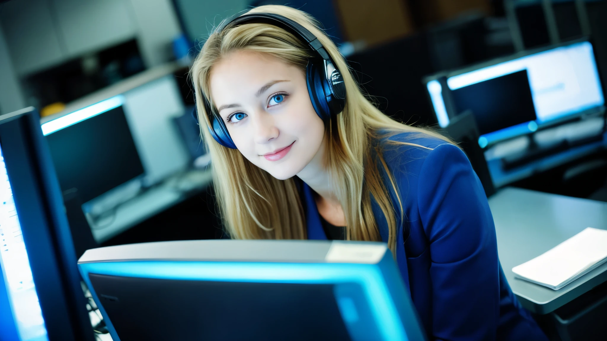 Beautiful blonde with large breasts in a blue suit (Working on a computer in the office late at night),Wearing headphones,Very detailed, 21 years old, Innocent face, Naturally Wavy Hair, blue eyes, High resolution, masterpiece, Highest quality, Intricate details, Very detailed, Clear focus, Delicate skin, practical skin texture, texture, Delicate eyes, Professional, 4K, Cute Smile, Shot with Canon, 85mm, Shallow and deep, Kodak Vision Color, Exactly, Very detailed, photograph_\(Extremist\), photographpractical, practical, Post-processing, Maximum details, Roughness, Real Life, Extremist practical, Photorealism, photographgraphy, 8K Ultra HD, photographgraphy