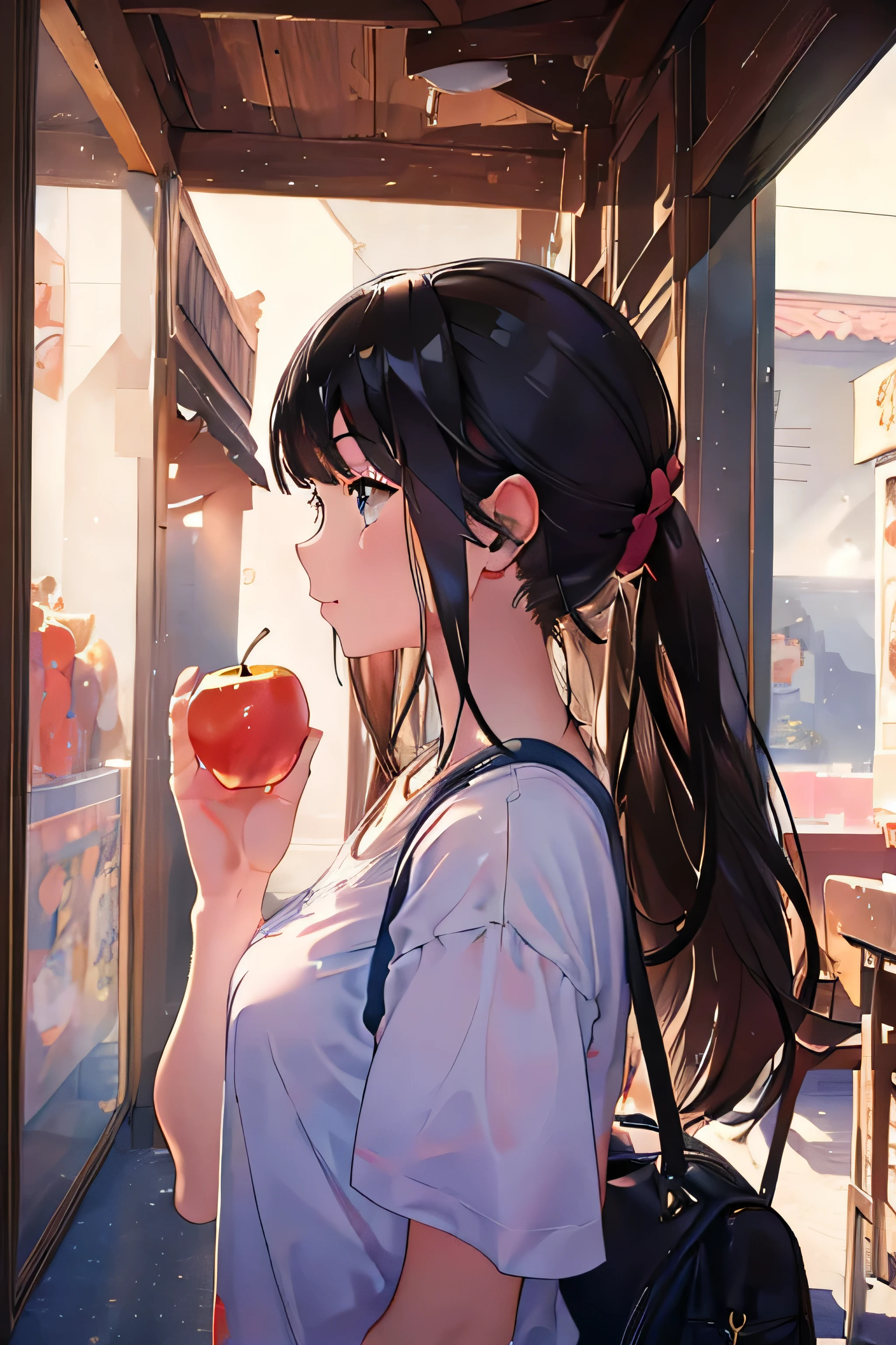 (masterpiece), best quality, girl looking up and holding an apple, side profile, upper body