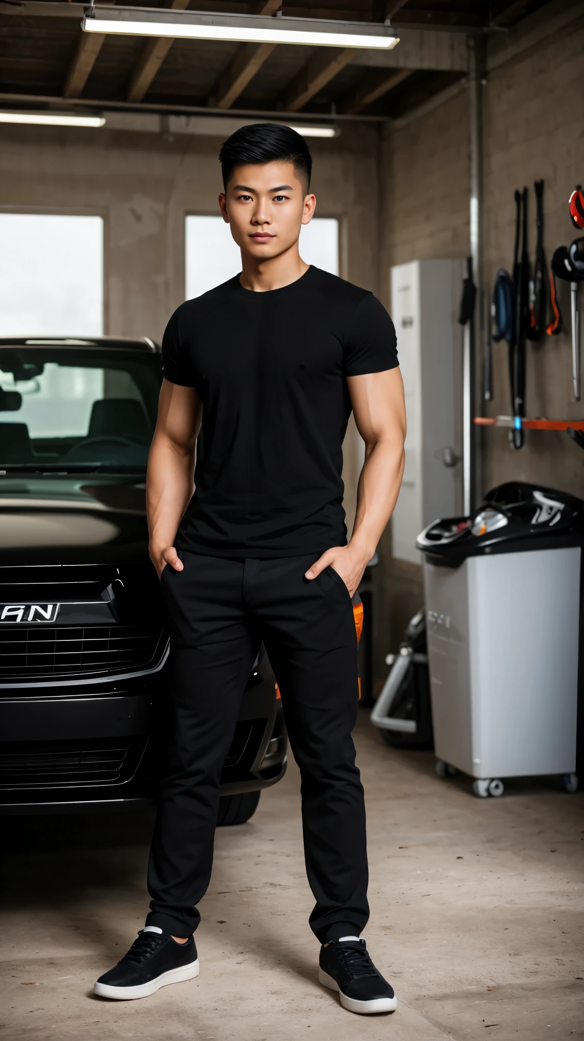 RAW, Best quality, high resolution, (masterpiece: 1.3), full body image, muscular asian young woman in black shirt, pants, shoes, Masterpiece, young man face, cute man face, cleanshaven, bright skin, rough skin, fierce eyes, soft smile, standing in a garage, masculine gesture, strong expression, body facing viewer, looking to viewer, at noon, Great lighting, great sunlight, Bright colors, Ultra realistic clean lines, very realistic