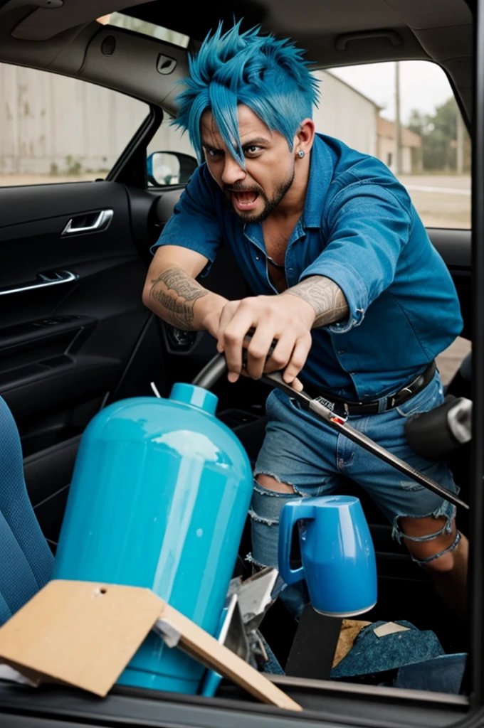 A crazy guy with blue hair destroys things in a car.