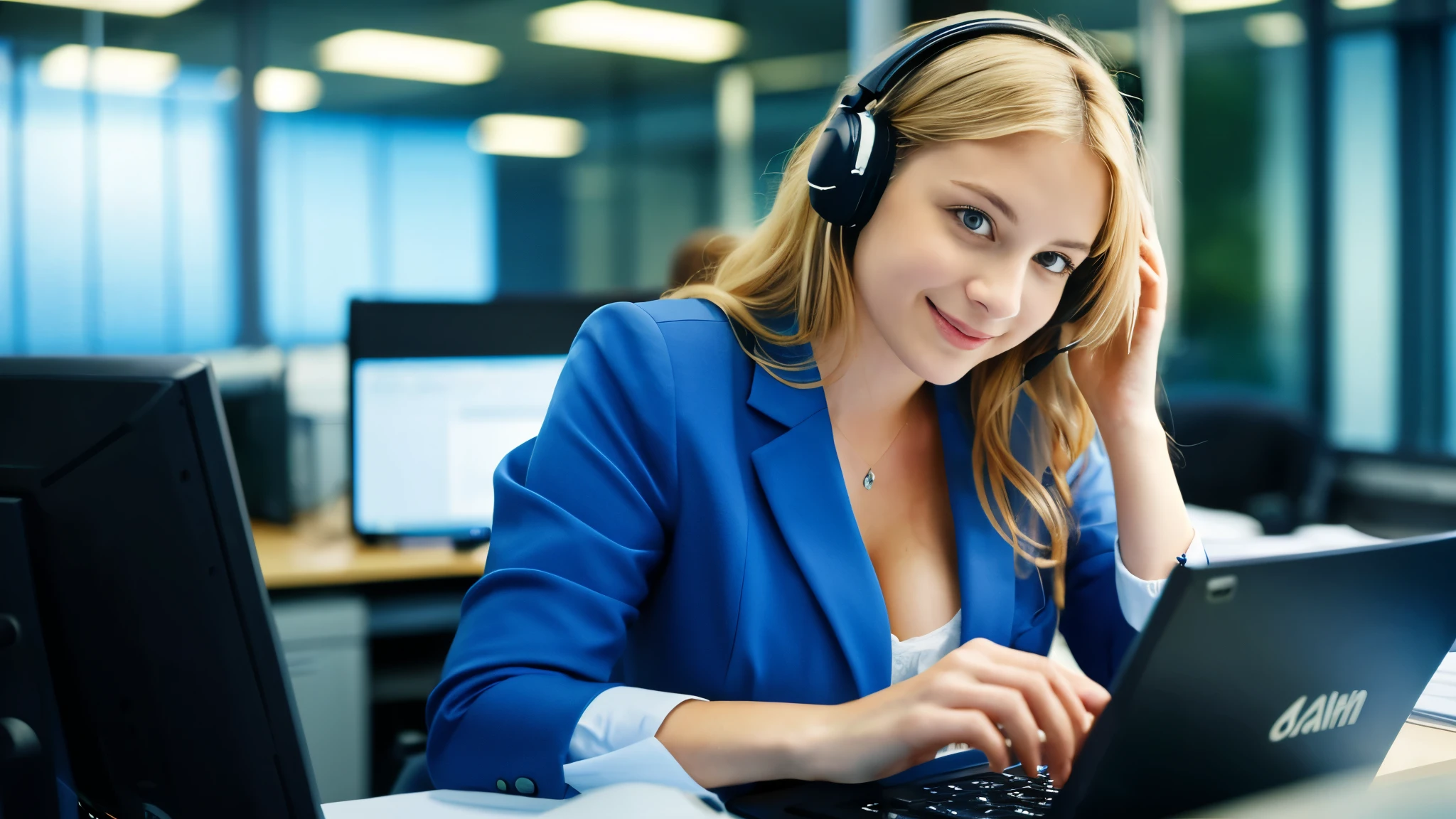 Beautiful blonde with large breasts in a blue suit (Working on a computer in the office late at night),Wearing headphones,Very detailed, 21 years old, Innocent face, Naturally Wavy Hair, blue eyes, High resolution, masterpiece, Highest quality, Intricate details, Very detailed, Clear focus, Delicate skin, practical skin texture, texture, Delicate eyes, Professional, 4K, Cute Smile, Shot with Canon, 85mm, Shallow and deep, Kodak Vision Color, Exactly, Very detailed, photograph_\(Extremist\), photographpractical, practical, Post-processing, Maximum details, Roughness, Real Life, Extremist practical, Photorealism, photographgraphy, 8K Ultra HD, photographgraphy