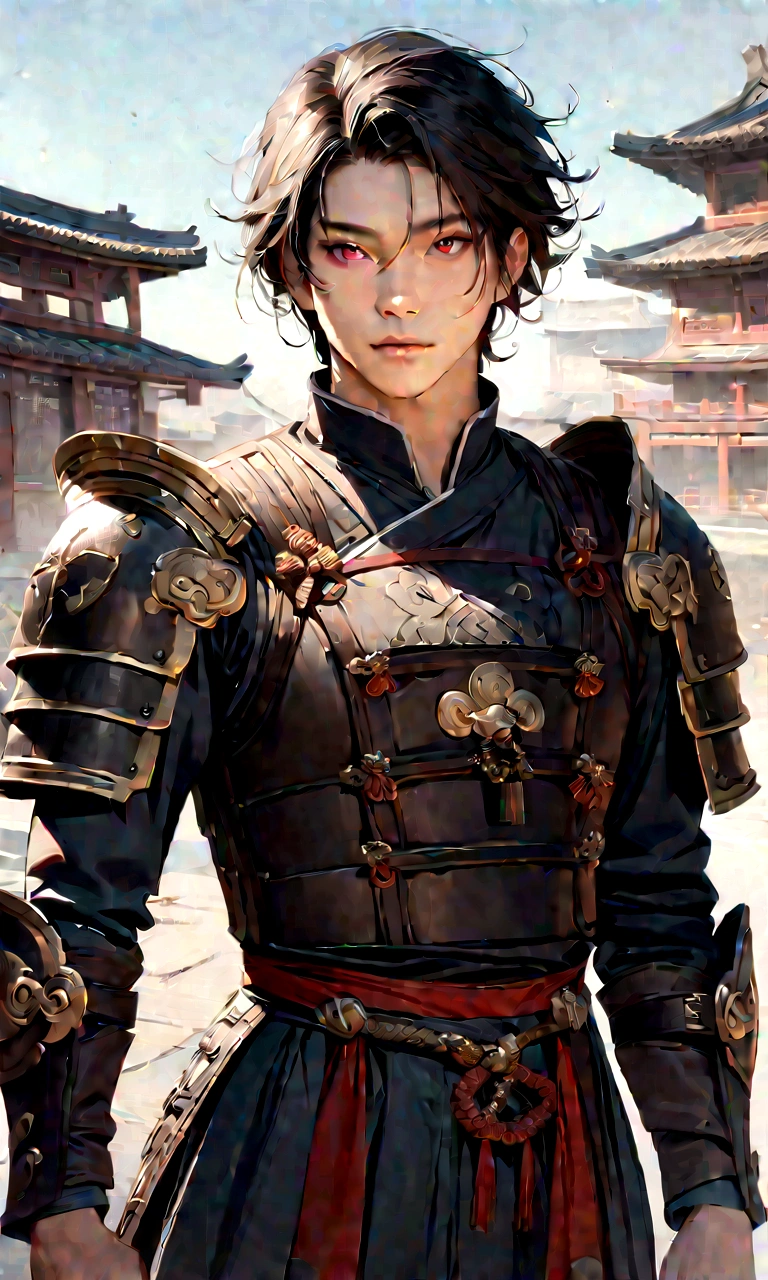 25 year old Chinese man,middle aged man,realistic,chinese_Armor,alone,Background of ancient chinese cities,detailed_eye,shoulder_Armor,(검은 eye),looking at viewer,(masterpiece:1.2), (best quality:1.2), perfect eye, perfect face, perfect lighting, (8K),(complete anatomy), Nee Shot