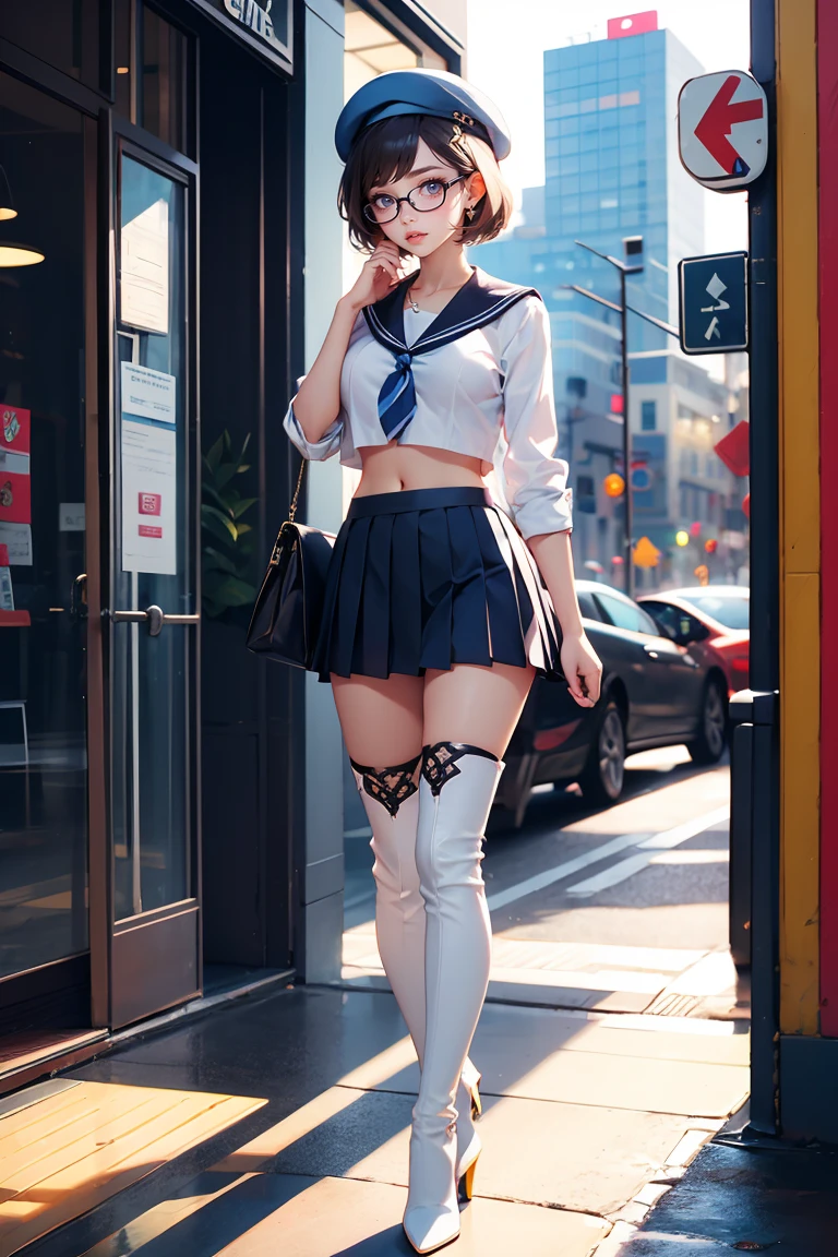 Best quality, Masterpiece, white thighboots, pleated skirt, sailor uniform, beret, glasses, short hair, medium breasts, cleavage, full body, city, high heels boots, navel