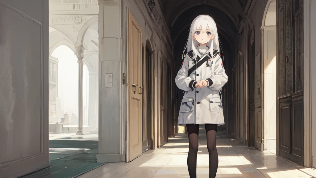 masterpiece:1.2), best quality ,pixiv, anime girl ,long straight white hair , black eyes ,Wearing off-white camouflage uniform ,ten years old,(Eyes looking into the distance:1.3),(look away:1.5),Girl standing in bright corridor,