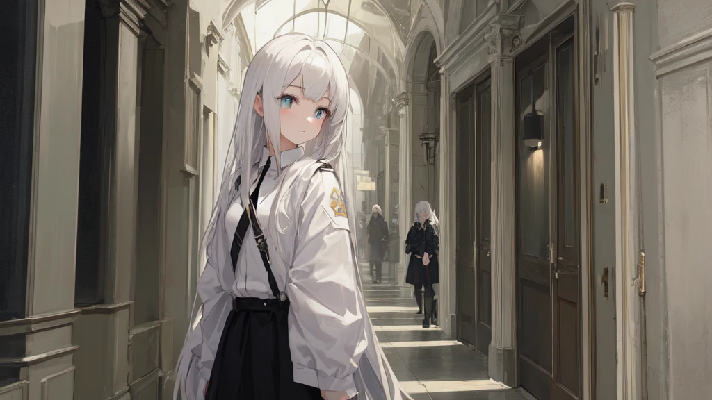 masterpiece:1.2), best quality ,pixiv, anime girl ,long straight white hair , black eyes ,Wearing off-white camouflage uniform ,ten years old,(Eyes looking into the distance:1.3),(look away:1.5),Girl standing in bright corridor,