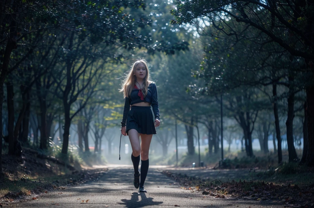 (YES SFW:1.5), [(Japanese-style school，the cherry trees：1. Mature elven beauty，standing on your feet，a sailor suit）， tmasterpiece， best qualtiy， RAW photogr， realisticlying， Incredibly Ridiculous res，Elf long ears， ear studs，hair pin， (Long flowing hair in silver and black：1.9)，eye shadows，(a sailor suit)，eardrop，foot ring，short  skirt，(Black sport socks)（Black half-knee socks)，(Loafer shoes)，two longer legs，depth of fields， A high resolution， ultra - detailed， filigree， RAWE is very detailed， very detailed eyes and faces， Sharp pupils， realistic pupil， tack sharp focus， cinmatic lighting，full bodyesbian，Bigboobs，long leges，From the front side，dynamicposes，Normal posture，closeup of face], Draw hands and feet separately)、very beautiful、Ideal proportions、bra, small breasts、Very stylish、barefoot、(Anguished expression:1.4)、looking at the camera、Color palette harmonious、 Sublime anger、aesthetic Perfection、aggressive eyes、filth pure、Features flawless 、 nightmare、sophisticated Style、timeless Elegance、excellent details、exquisite craftsmanship、meticulous attention to detail、Proportions sublime、artistic Excellence、living work of art、otherworldly charm、Setting of a fairytale、Look unforgettable、majestic Presence、natural body, Smoke and clouds roil around warrior, adding to the sense of epic scale and drama. The lighting is dark, gloomy, realistic, creating a tense and ominous atmosphere. The perspective is from below, emphasizing the sheer majesty and power of the drahthaar warrior wolf. The character is surrounded by mist, evoking a mysterious and eerie atmosphere. The lighting is dark and atmospheric, with a red smoke adding a touch of sinister ambiance. The image is of the best quality, with a resolution of 4k and HDR enhancement, showcasing the utmost level of detail and realism, sfw. 