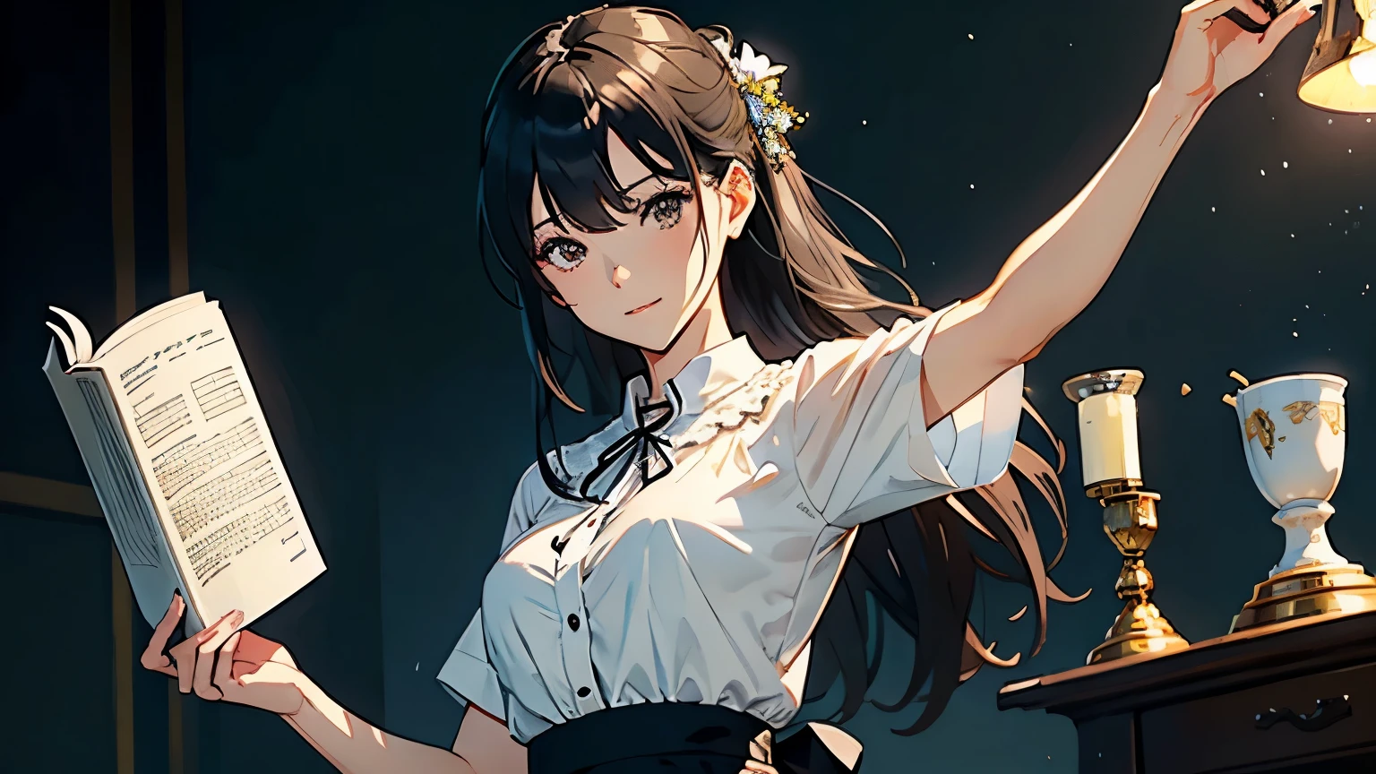 (Highest quality、masterpiece、High resolution)、4K Anime Art、Concept Art、(Beautiful older sister)、(1 person、Beautiful adult woman、Age 25)、(Upper Body、Positive、natural standing posture、)、 (Detailed depiction of a beautiful face)、Smiling Kindly、Black Hair、semi-long、Put your hair up、Small breasts、Slim figure、White Dress、Dress neatly、White blouse、Long skirt、Cinematic Light、(Simple Background)、Blur the background、Reading a book