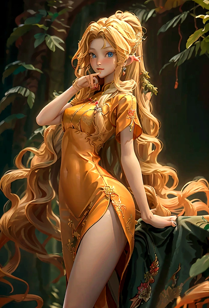 (masterpiece, Highest quality, Highest quality, Official Art, Beautiful blonde、wavy long hair、 Silky Skin、Fishing eyes、long pointed ears、girl、、Thin arms、Small breasts、Slender upper body、Tight waist、Small hips、Thin thighs、Slim lower body、Black leather belted dress、ruins、Cowboy Shot、Full Body Shot、Dancing