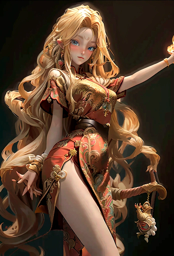 (masterpiece, Highest quality, Highest quality, Official Art, Beautiful blonde、wavy long hair、 Silky Skin、Fishing eyes、long pointed ears、girl、、Thin arms、Small breasts、Slender upper body、Tight waist、Small hips、Thin thighs、Slim lower body、Black leather belted dress、ruins、Cowboy Shot、Full Body Shot、Dancing