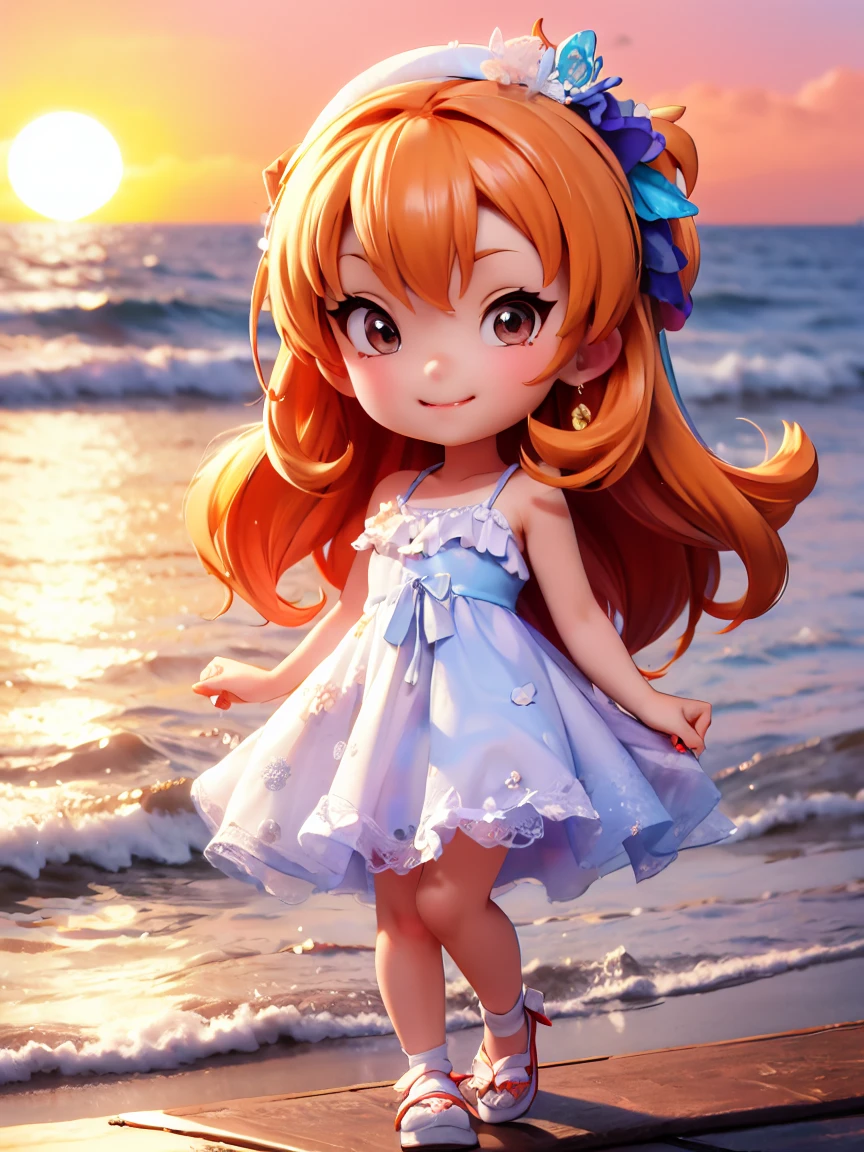 chibi, chibi figure, Women attending a sunset party on the beach。She is wearing a simple and beautiful evening dress.、Ocean waves and a sunset are reflected in the background。The dress is made of a light, fluttering material.、It shines in the light of the setting sun。