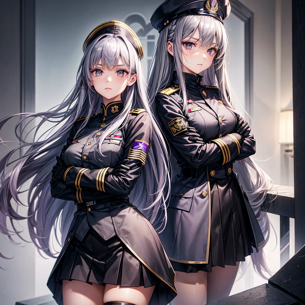 Beautiful woman, 1girl, long hair, grey purple hair, grey eyes, military uniform, small breasts, black uniform, black skirt, black gloves, crossed arms