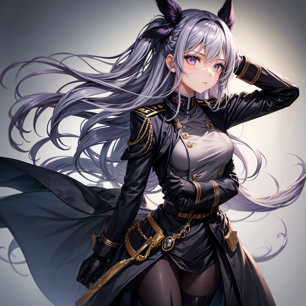 Beautiful woman, 1girl, long hair, grey purple hair, grey eyes, military uniform, small breasts, black uniform, black skirt, black gloves, crossed arms