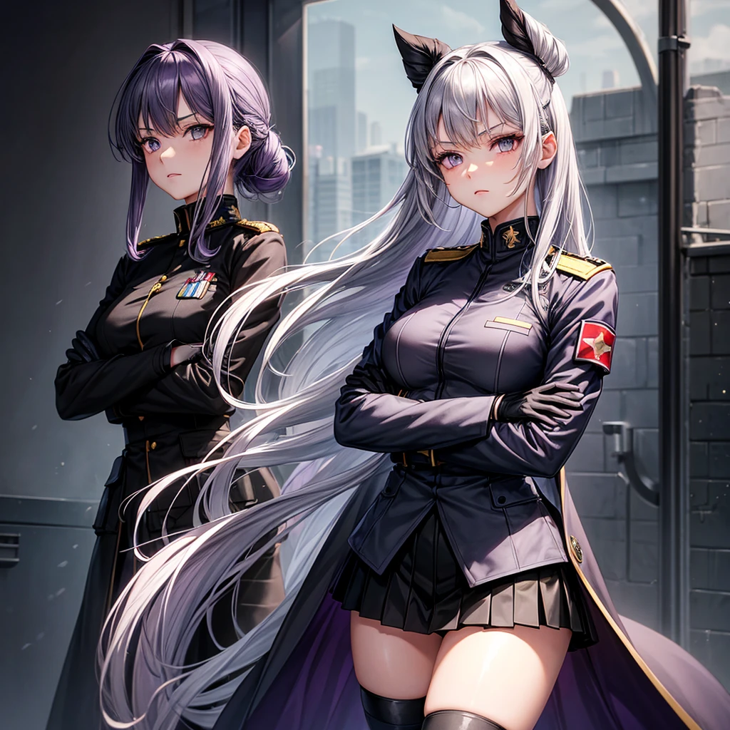 Beautiful woman, 1girl, long hair, grey purple hair, grey eyes, military uniform, small breasts, black uniform, black skirt, black gloves, crossed arms