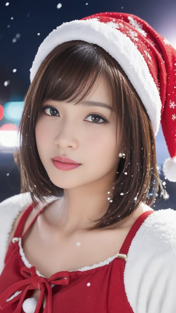 1girl, (santa claus costume slim fit:1.5), symmetry,(Cute ultra young girl:2.0), (slender woman body:1.5), (ultra short hair:1.75), ultra big smile, (Beautiful large round droped detailed eyes:1.5), beautiful detailed lips, (extremely detailed beautiful face, natural makeup, Incredibly beautiful skin:2.0), (best quality,4k,8k,highres,masterpiece:2.0),(ultra-detailed,realistic,photorealistic,photo-realistic:1.75),professional,vivid colors,studio lighting,(snowing night town,christmas eve:1.25)