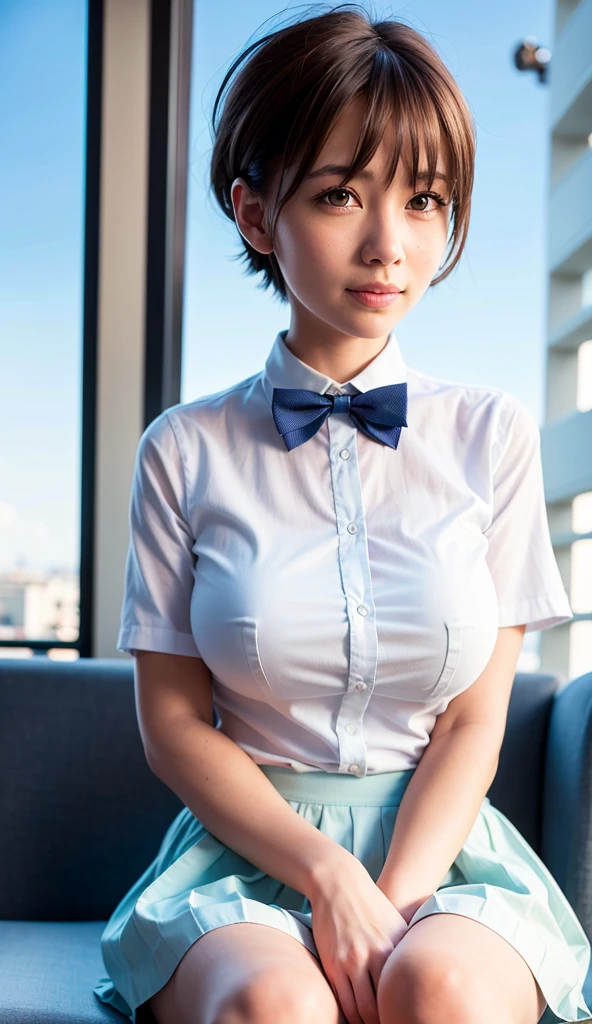 (8k, RAW photo, best quality, masterpiece:1.2), (realistic, photo-realistic:1.37), ultra-detailed,
1 girl,cute, solo,beautiful detailed sky,detailed cafe,night,sitting,dating,(nose blush),(smile:1.1),(closed mouth),large breasts, seductive smile, large aparture, professional lighting, Sony A7R4, Zessie 50mm F1.8,
medium breasts,beautiful detailed eyes,(collared shirt:1.1), bowtie,pleated skirt,(short hair:1.2),floating hair