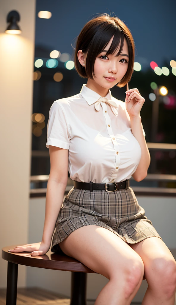 (8k, RAW photo, best quality, masterpiece:1.2), (realistic, photo-realistic:1.37), ultra-detailed,
1 girl,cute, solo,beautiful detailed sky,detailed cafe,night,sitting,dating,(nose blush),(smile:1.1),(closed mouth),large breasts, seductive smile, large aparture, professional lighting, Sony A7R4, Zessie 50mm F1.8,
medium breasts,beautiful detailed eyes,(collared shirt:1.1), bowtie,pleated skirt,(short hair:1.2),floating hair 