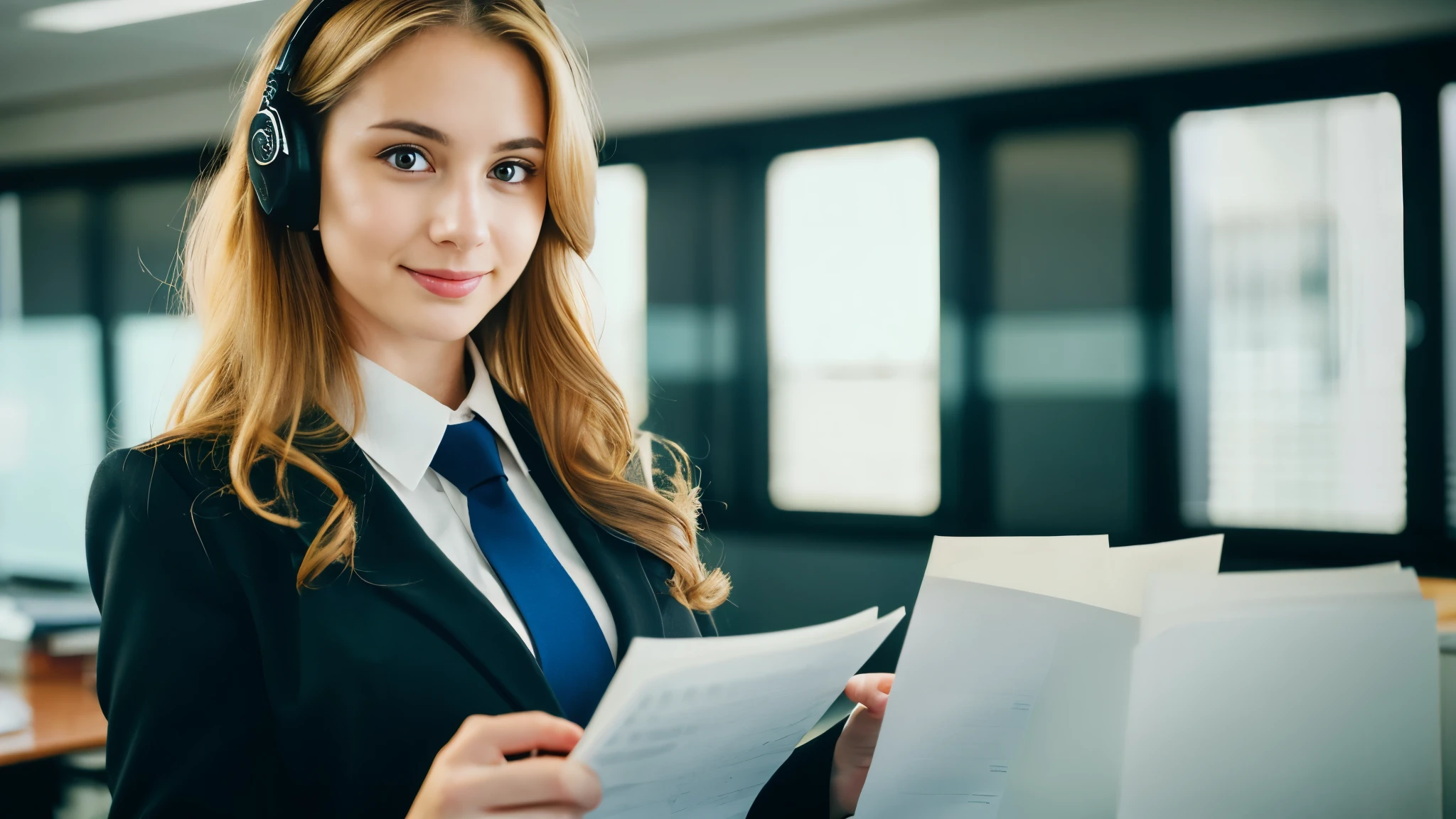 Beautiful blonde with big breasts in a black suit (Holding documents in the office late at night),Wearing headphones,Very detailed, 21 years old, Innocent face, Naturally Wavy Hair, blue eyes, High resolution, masterpiece, Highest quality, Intricate details, Very detailed, Clear focus, Delicate skin, practical skin texture, texture, Delicate eyes, Professional, 4K, Cute Smile, Shot with Canon, 85mm, Shallow and deep, Kodak Vision Color, Exactly, Very detailed, photograph_\(Extremist\), photographpractical, practical, Post-processing, Maximum details, Roughness, Real Life, Extremist practical, Photorealism, photographgraphy, 8K Ultra HD, photographgraphy
