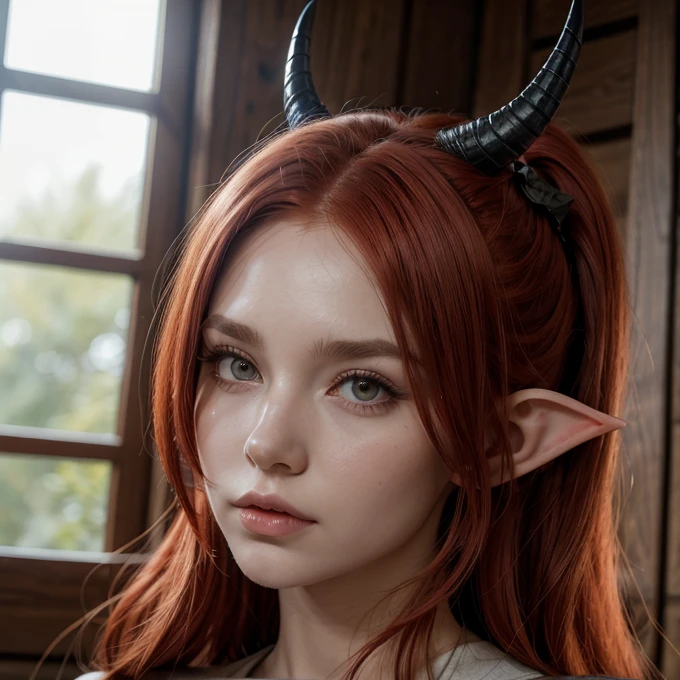 Woman, long red hair, elf ears, ponytail, big horns, dragon wings