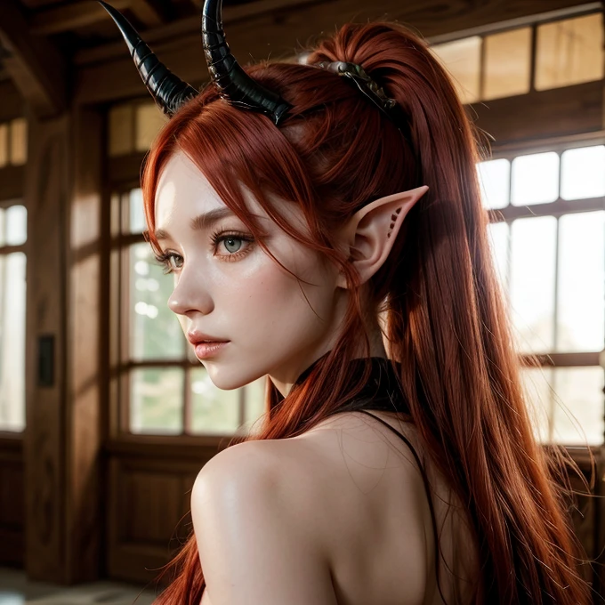 Woman, long red hair, elf ears, ponytail, big horns, dragon wings