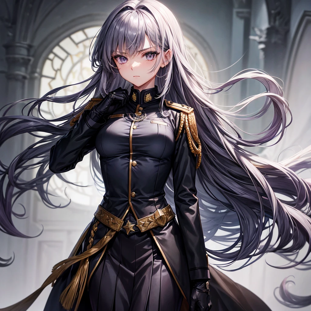 Beautiful woman, 1girl, long hair, grey purple hair, grey eyes, military uniform, small breasts, black uniform, black skirt, black gloves, crossed arms
