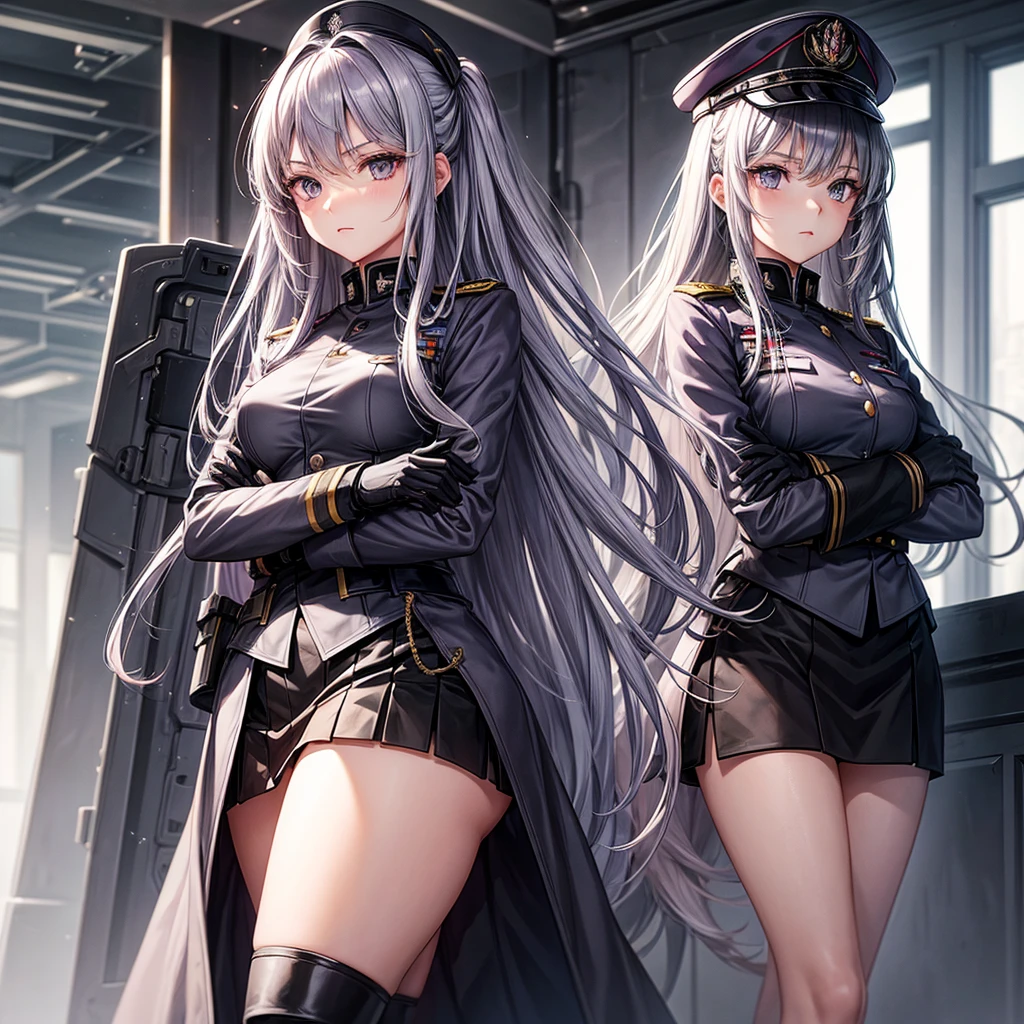 Beautiful woman, 1girl, long hair, grey purple hair, grey eyes, military uniform, small breasts, black uniform, black skirt, black gloves, crossed arms