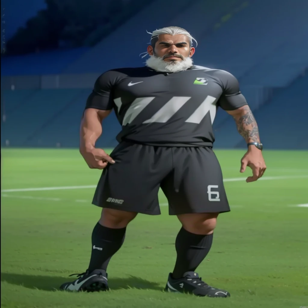 Jogador de futebol ⚽, character sheet, filipino male, buzzcut, standing, beard, slim build, socks, neon socks, butchers clothing, mullet, full body tattoos, boots, blackout tattoos, earrings, black soccer team shirt